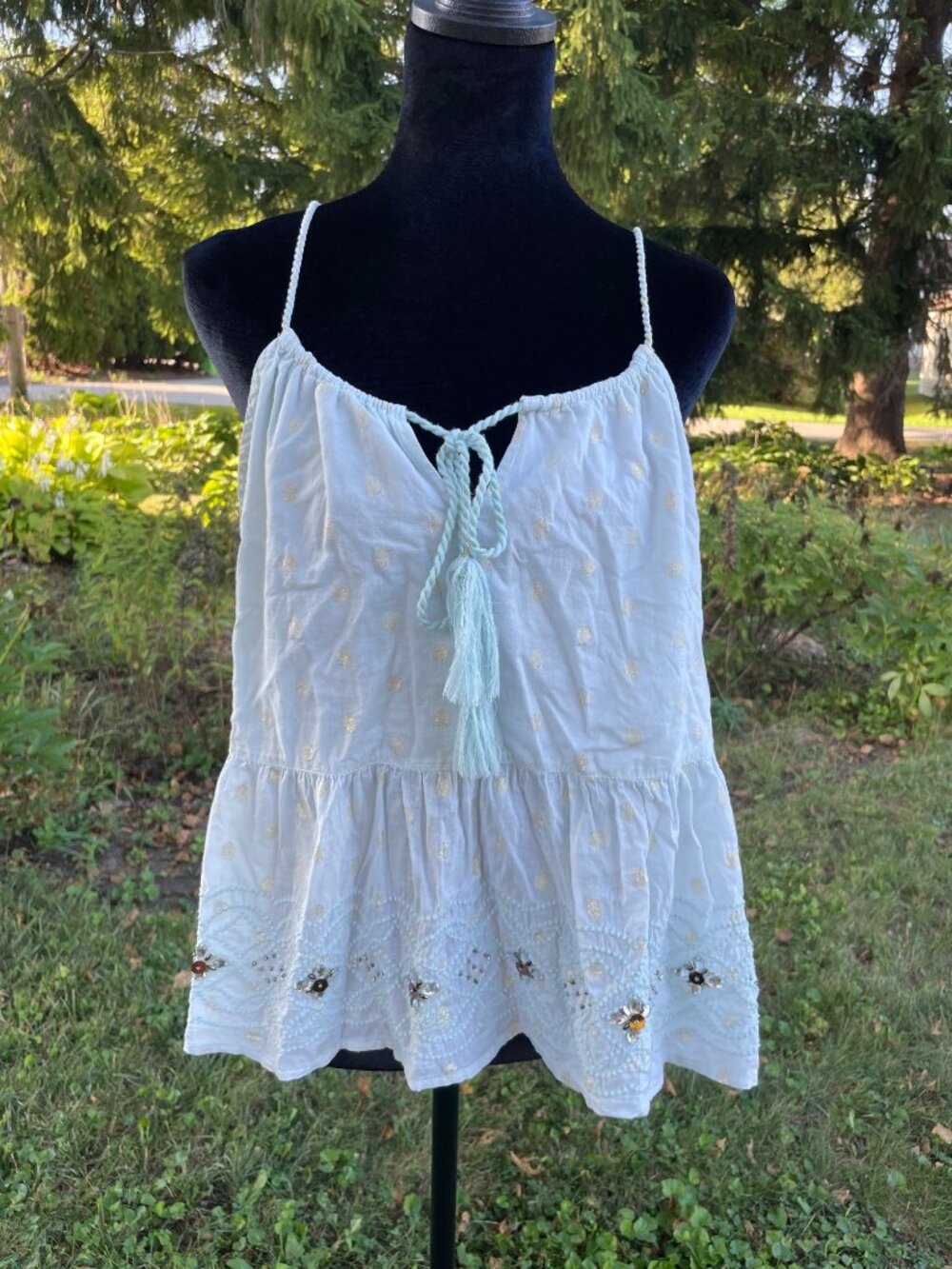 Vintage Y2K Stile Beneton Babydoll Cami Blue Rhinestone Embroidered Cotton M Art